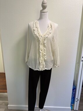 Zara Ivory Ruffle-Trim V-Neck Blouse